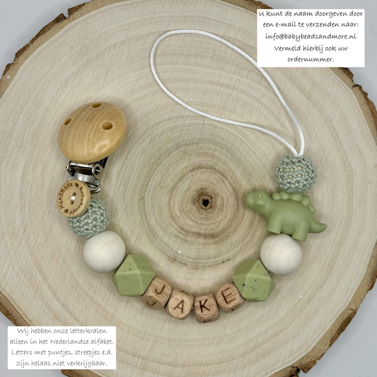 Goedkoopste Babybeads - Speenkoord met naam - Groene dino - Gepersonaliseerd kraamcadeau