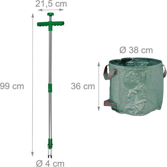 Onkruidtrekker met tuinafvalzak - Waterdicht - Onkruidsteker met lange steel 99 cm - Groen weed cutter van Kinzo Garden — afbeelding 5