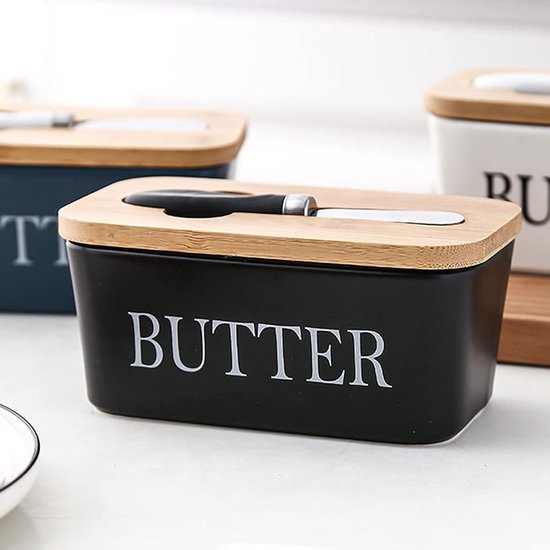 Keramische botervloot met deksel en mes, porseleinen botercontainer met botersnijder botermes gemakkelijk verspreid keukenaccessoires servies (blauw