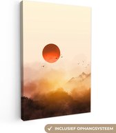 Toile - Peinture - Huile - Soleil - Montagnes - Vogels - Brouillard - 80x120 cm - Décoration murale - Intérieur