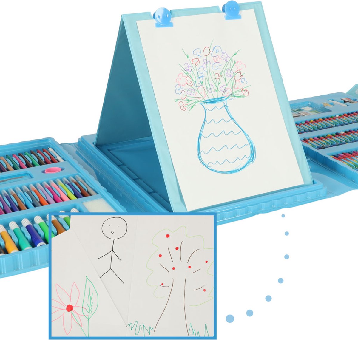 Playos® - XXL Tekendoos - Blauw - 208 Delig - Stiften, Oliepastel, Waskrijt, Potloden, Waterverf en meer - met Standaard - Inclusief Papier - Tekendoos - Creatief Speelgoed - Art - Tekenset - Tekenkoffer — afbeelding 6