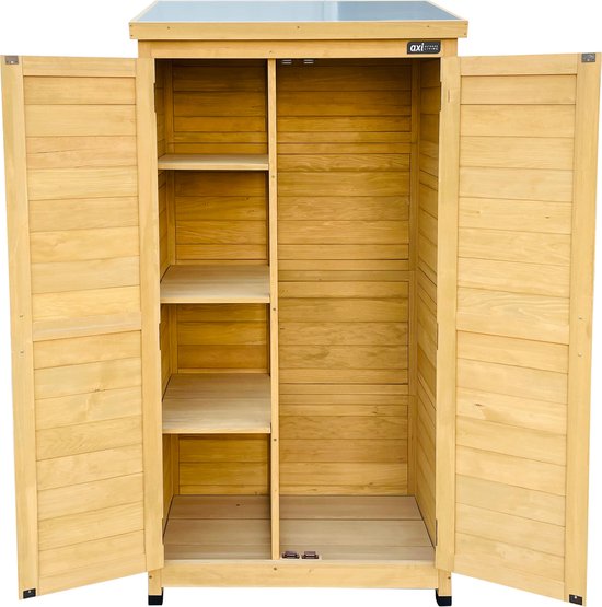 Houten berging met dubbele deuren open, zicht op legplanken en achterwand.
