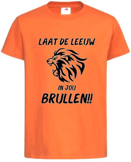 T-shirt Kinderen "Laat de Leeuw in jou Brullen!!" Op Achterkant EK Voetbal Europees Kampioen Kampioenschap Oranje Koning Koningsdag | korte mouw | Oranje/zwart | maat 110/116