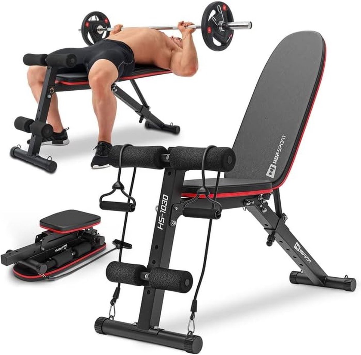 Hop-Sport Multifunktions Hantelbank HS-1035 mit Curlpult - verstellbare Trainingsbank in einzigartigem Design mit dickem Polster - perfekt für
