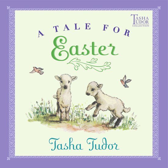 Boekomslag van A Tale for Easter met twee lammetjes in het gras en vogels, in een paarse decoratieve rand.