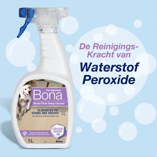 Bona Hout Vloer Intensiefreiniger met witte hond en grijze kitten. Tekst: "De Reinigingskracht van Waterstof Peroxide".