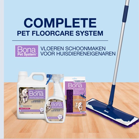 Bona Pet System vloerreinigingsset met een 2.5L fles, 1L spuitfles en een paarse dweil. Tekst: "Complete Pet Floorcare System".