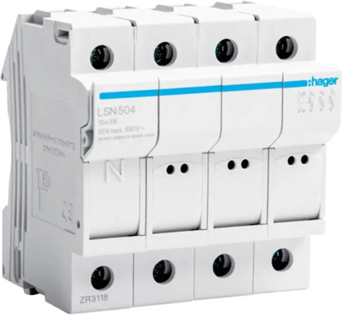 Hager zekeringhouder 32A 3P 400V L38 4 modules 10X38 LSN504
