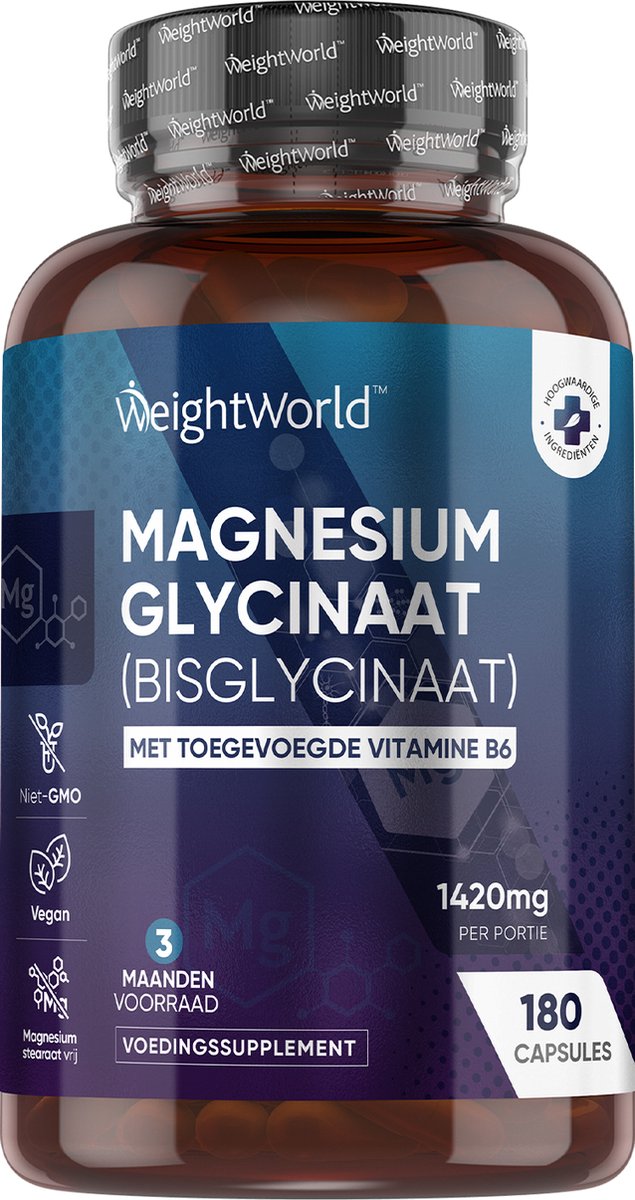 Goedkoopste Magnesium Bisglycinaat capsules - 1420mg - 180 capsules voor 3 maanden voorraad - Magnesium Bisglycinaat is beter opneembaar dan Magnesium Citraat - Verrijkt met Vitamine B6 - Vegan Magnesium Glycinaat supplement - van WeightWorld