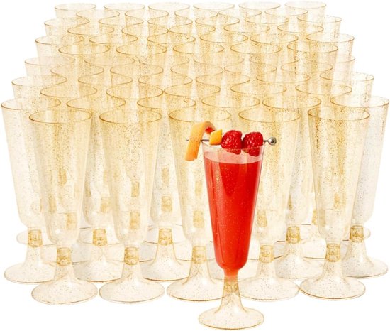 MATANA 50 Plastic Champagneglazen met Roze Glitter, 150ml - Herbruikbare Champagne Glazen voor Bruiloften, Verjaardagen, Kerstmis & Feesten - Elegante Plastic Glazen voor Cocktails, Dessert