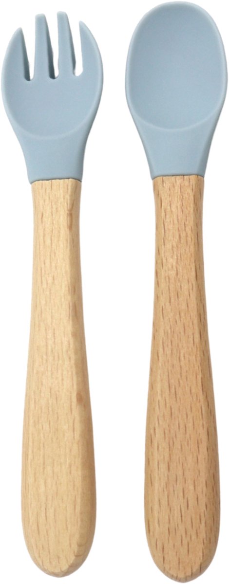 Goedkoopste Besteksetje (Poeder Blauw) – Lepel & Vork – Siliconen - Hout - Baby - Vanaf 6 maanden