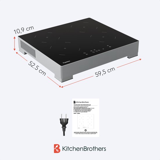 Plaque de cuisson à induction argentée avec quatre zones de cuisson, dimensions et fiche.