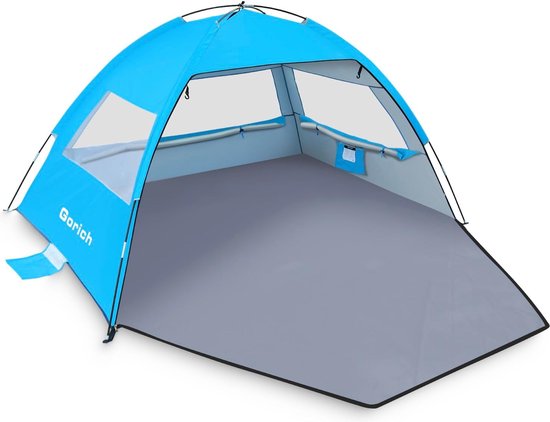 Dewur Strandschelptent voor 3-4 personen, pop-up strandtent met zonnezeil, UPF 50 , uv-bescherming, zonwering, waterdicht, voor gezinnen, strand, camping, tuin, blauw