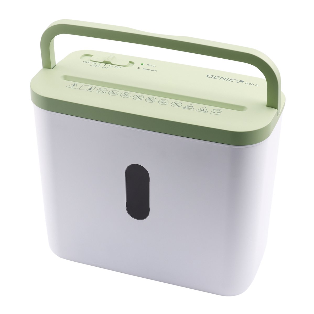 Genie 440X Green Papierversnipperaar - 4 vellen DIN A4 (80 g/m²) - Cross Cut - 8 Liter - Compact formaat met handgreep - Thuis/ Kantoor - Groen/Wit