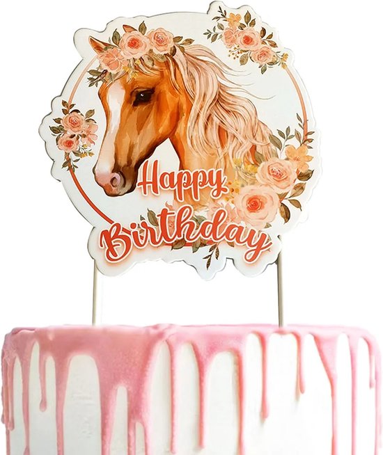 Taarttopper met een paardenhoofd in een bloemenkrans, tekst 'Happy Birthday'.