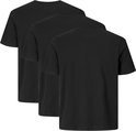 Drie zwarte T-shirts, gezien vanaf de achterkant, op een rij.