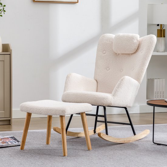 Sweiko Schommelstoel - Teddy fauteuil - Met hoofdsteun + hocker - Belastbaar 100kg - Wit