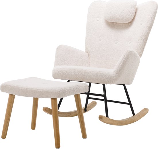 Sweiko Schommelstoel - Teddy fauteuil - Met hoofdsteun + hocker - Belastbaar 100kg - Wit