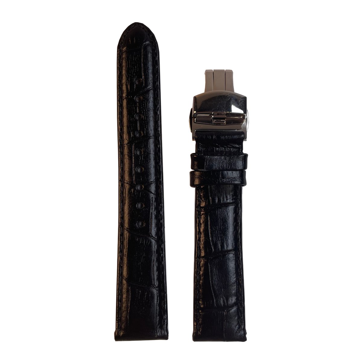 Horlogeband - 18mm - Zwart - Echt leer in croco print - Roestvrijstalen vlinder sluiting