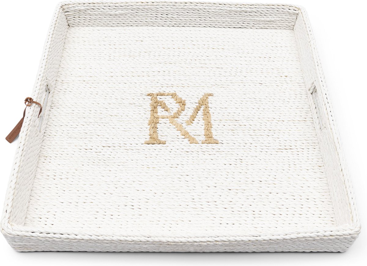 Riviera Maison Dienblad Vierkant Wit rotan met handvaten - RM Monogram decoratief dienbald