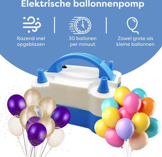 Pompe à ballons électrique bleu et blanc avec de nombreux ballons colorés.
