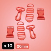 JEU DE 10 BOUCLES EN NYLON (2 CLASSES LOCASTER + 4 BOUCLES COULISSANTES + 2 ANNEAUX EN D + 2 BOUCLES À CLIC) - LARGEUR : 20MM, Couleur ROUGE