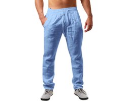 AUDATE Katoenen herenbroek - Lange broek - Strandbroek - Broek met zakken en trekkoord - Zomerbroek blauw Maat 3XL