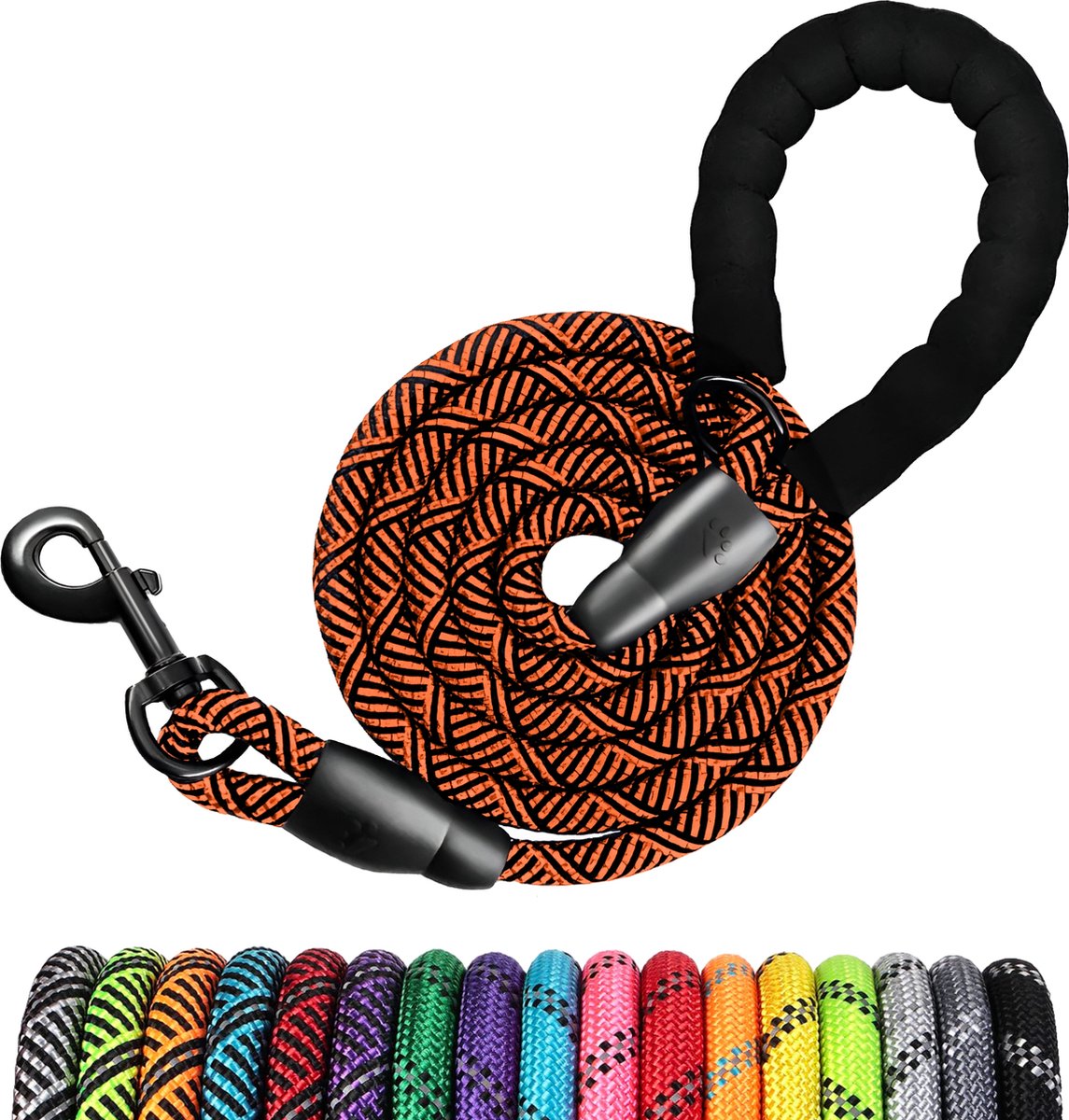 JAXY Hondenriem - Nylon Hondenlijn - Gevoerd Handvat - Robuust Touw - Reflecterende Looplijn Hond - 1,5 M - Zwart/Oranje