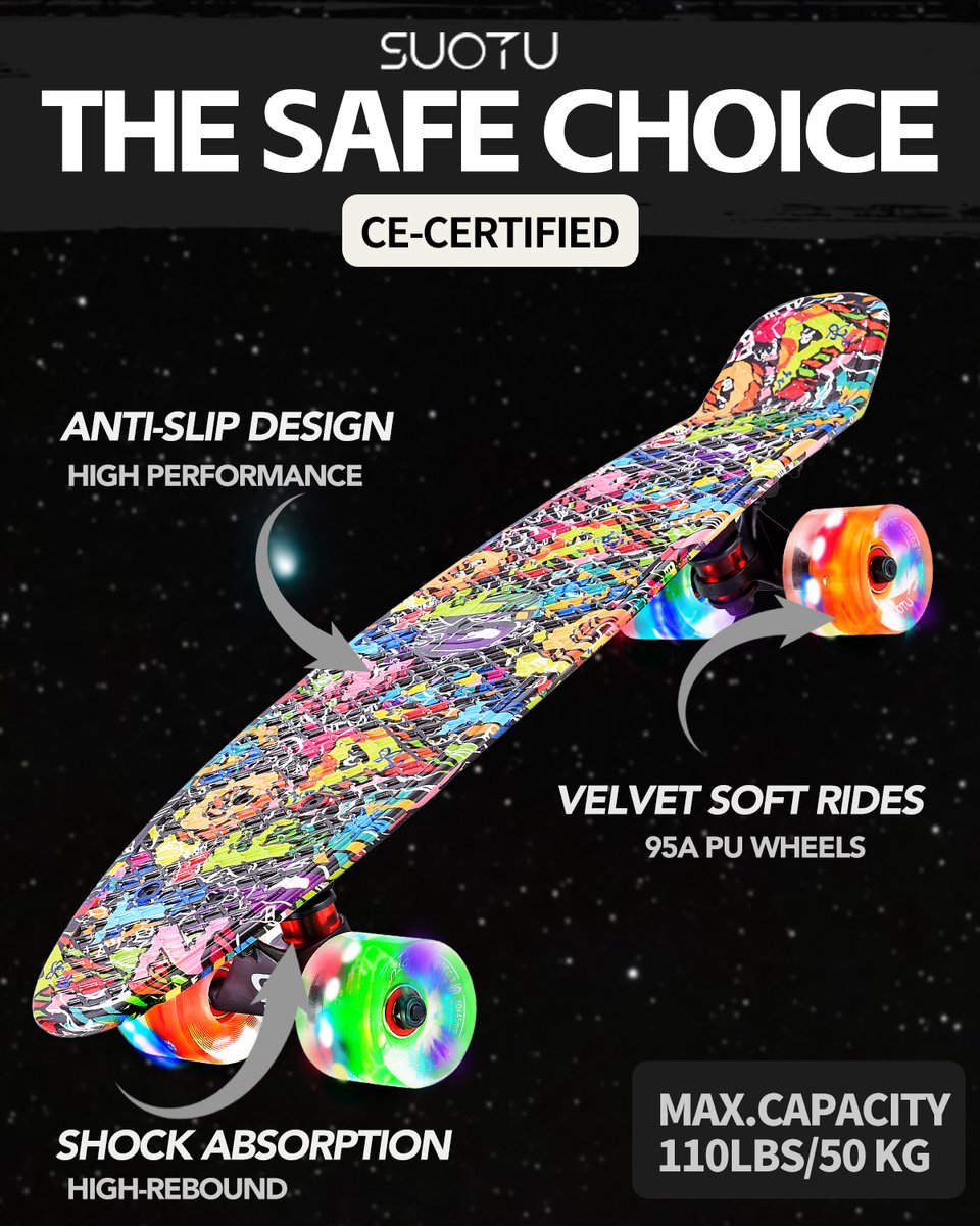 Suotu Skateboard- Wielen met LED-verlichting - ABEC-9 - Tot 50 kg - Skateboard Meisjes/jongens - Skateboard Volwassenen - Cadeau — afbeelding 3