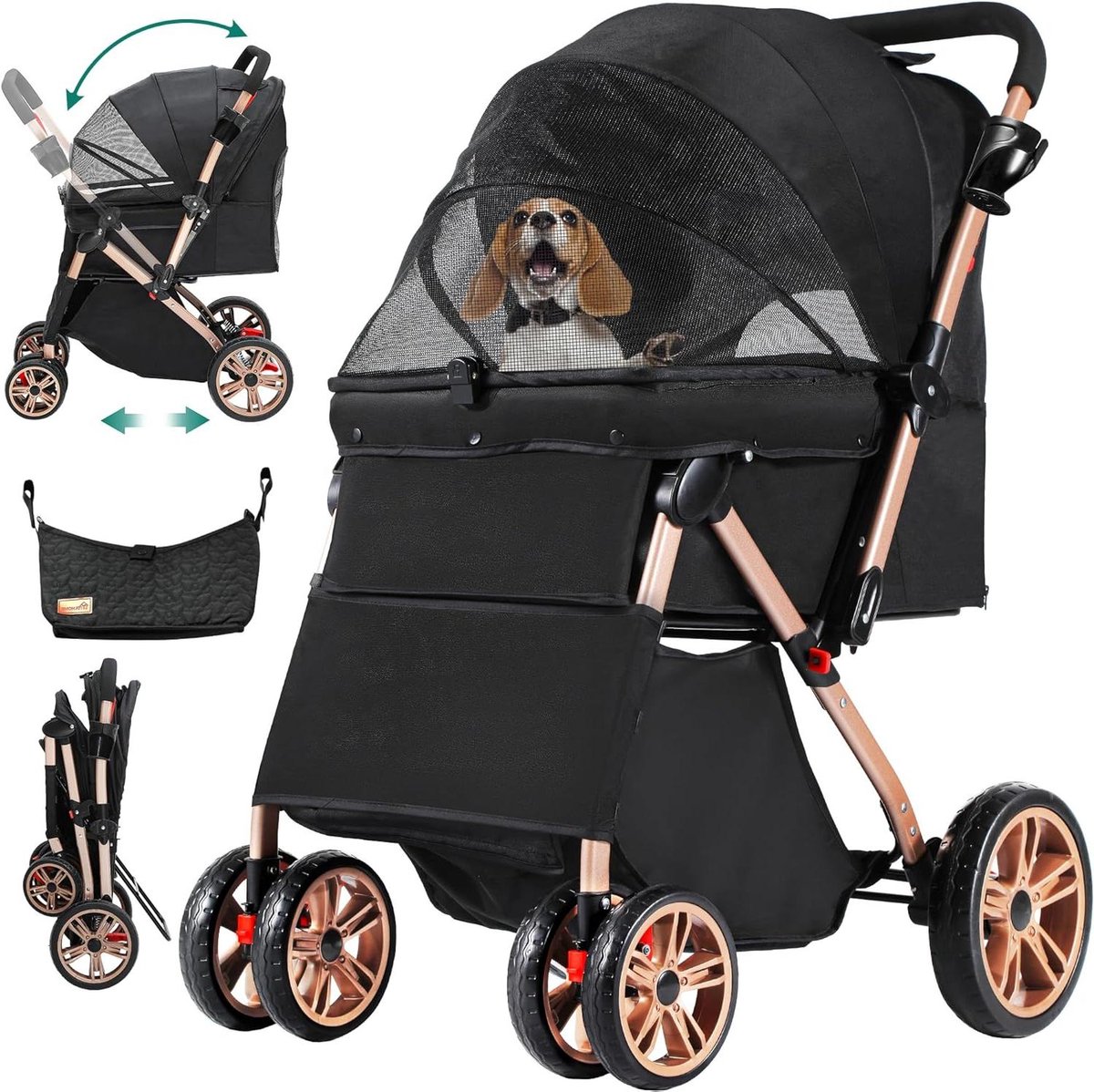 Reiskinderwagen voor huisdieren met opbergmand - 4 wielen - opvouwbare hondenbuggy - draagbare kinderwagen - jogger - licht praktisch afneembaar - zwart - Hondenbuggy