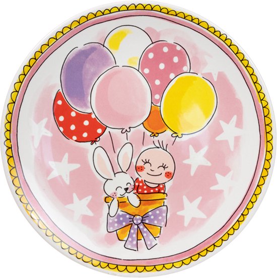 Assiette rose avec un lapin et une fille tenant des ballons. Bord jaune-rose.