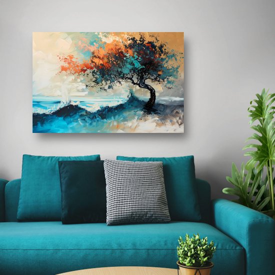 Décoration murale arbre - Tableau nature - Peinture sur toile Mer - Tableau vintage - Tableaux sur toile salon - Décoration chambre toile 120x80 cm