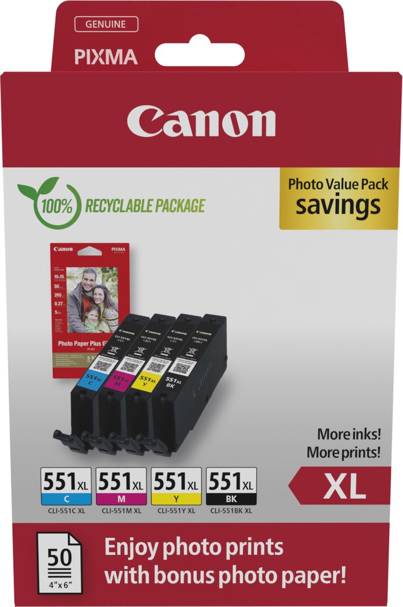 Canon CLI-551XL BK/C/M/Y Photo Value Pack met hoge capaciteit 6443B008