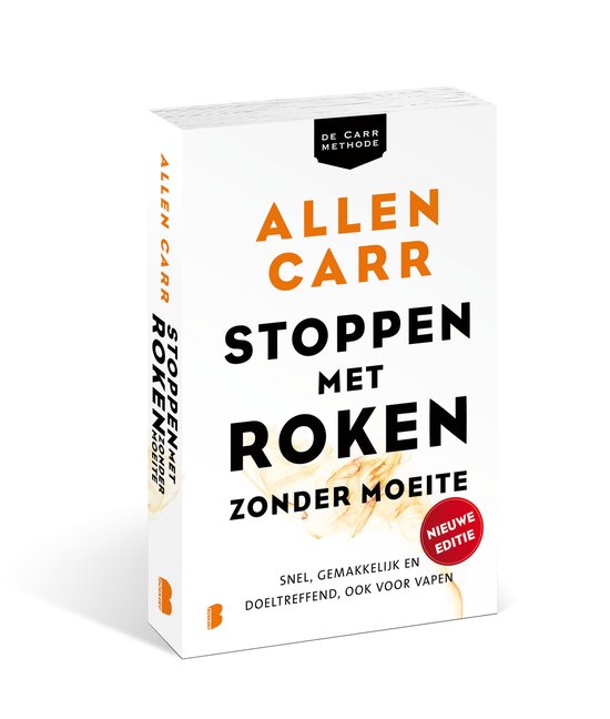 Boek "Stoppen met roken zonder moeite" van Allen Carr in 3D, met "Nieuwe editie" in rood.