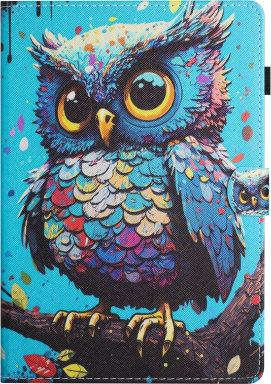Étui pour tablette avec un hibou multicolore et vibrant sur fond turquoise. Avec un petit hibou sur le rabat de fermeture.