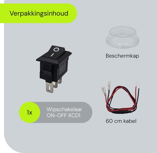 Verpakking van een zwarte KCD1 ON/OFF wip-schakelaar met beschermkapje en 60 cm kabel.