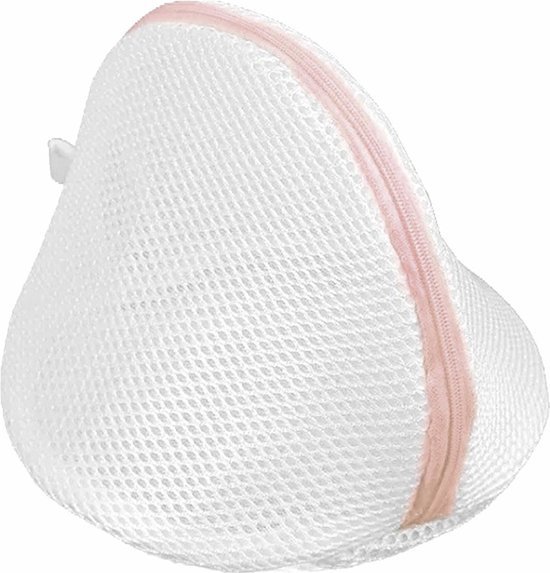 Sachet de lavage blanc en maille pour lingerie avec fermeture éclair et bordure roses.