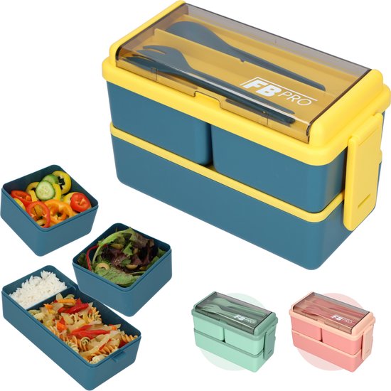 Petite boîte à lunch - 1400 ml - Avec vaisselle et compartiments x3 - Convient pour le riz, les nouilles, les légumes, la viande et plus encore ! - Pour enfants et adultes - Jaune & Blauw