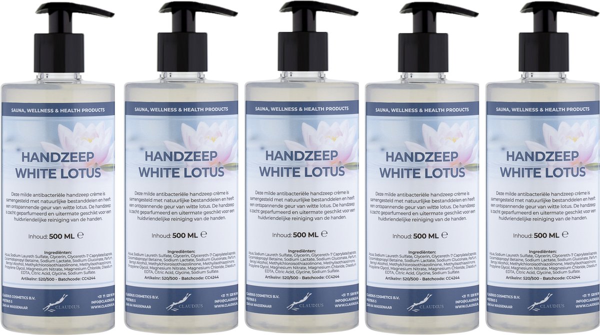 Goedkoopste Handzeep White Lotus 500 ml - met gratis pompje - set van 5 stuks