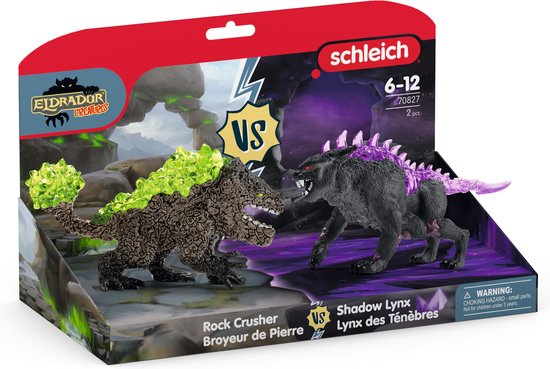 Eldrador Creatures speelgoed in verpakking: Rock Crusher met groene kristallen en Shadow Lynx met paarse kristallen.