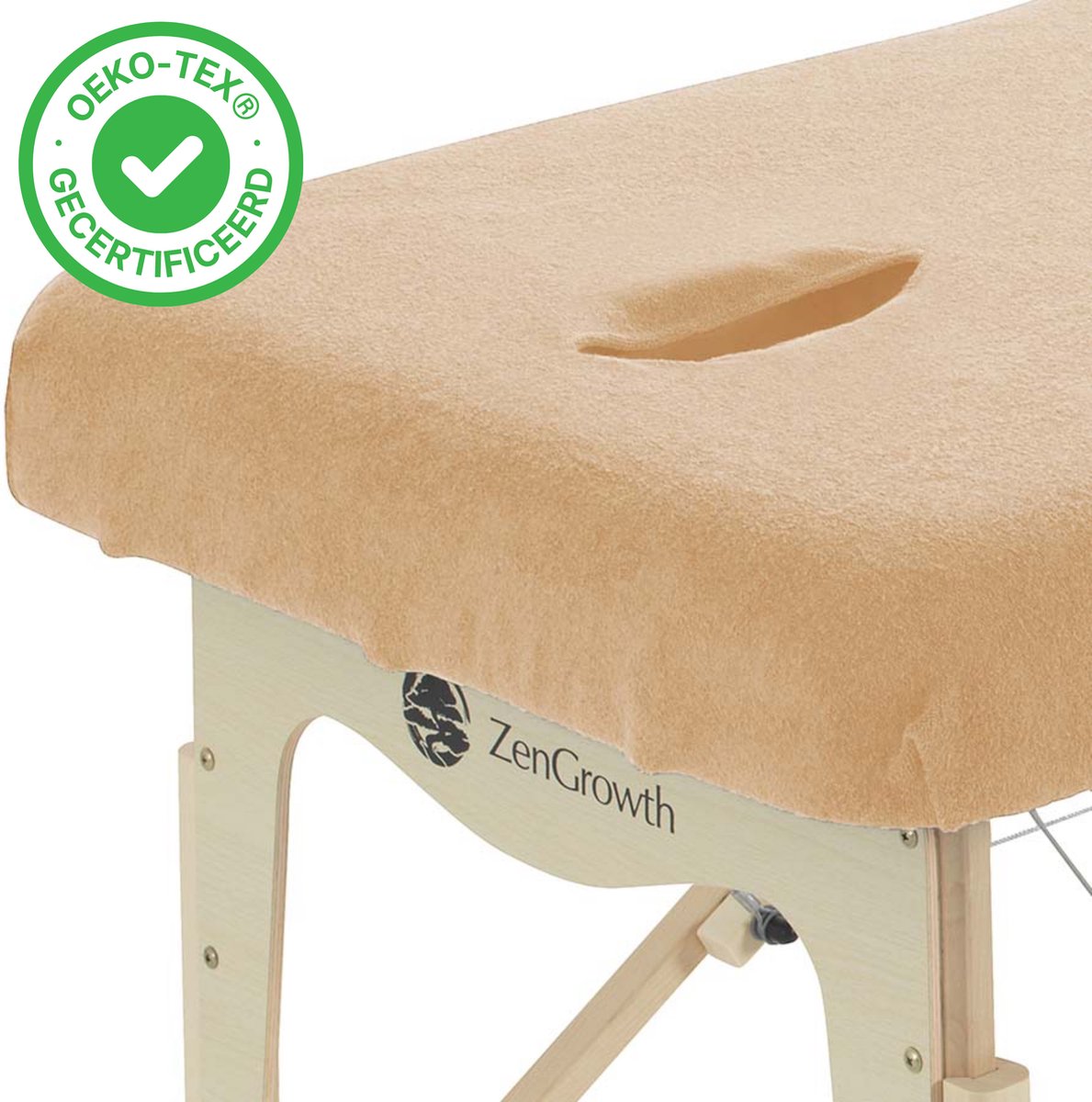 Goedkoopste ZenGrowth® Badstof Hoeslaken Massagetafel Lichtbruin – Met uitsparing – 280 gram/m2 dikte – Geschikt voor massagetafels met lengte 180 tot 185 cm – 63 tot 71 cm breedte – Stretch materiaal