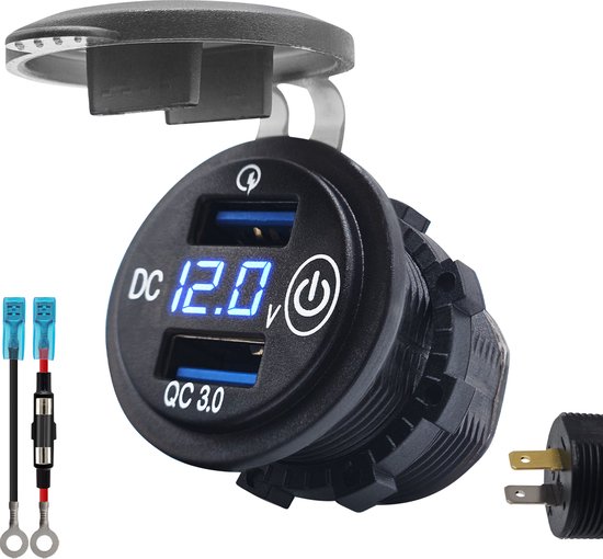 Foto: 12v usb autolader 2 poorten inbouw met schakelaar voltmeter aansluitkabel qc3 0 usb stopcontact auto boot en camper blauw