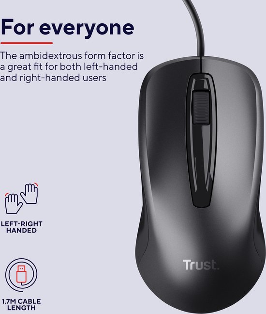 Zwarte Trust computermuis met een 1.7 meter lange kabel, geschikt voor links- en rechtshandigen.