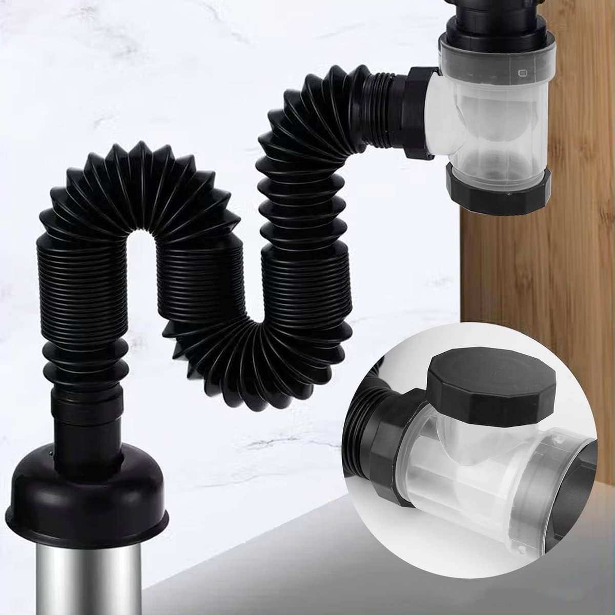 DL-pro Flex-sifon 1 1/2 inch (G6/4), uittrekbaar 375-900 mm, wandaansluiting 40/50, incl. bevestigingsclip 31, flexibele afvoerslang voor wastafel en gootsteen