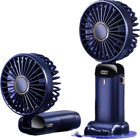 Stille Handventilator USB Oplaadbaar 5 Snelheden Draagbare Mini Ventilator met LED Display Navy Blauw