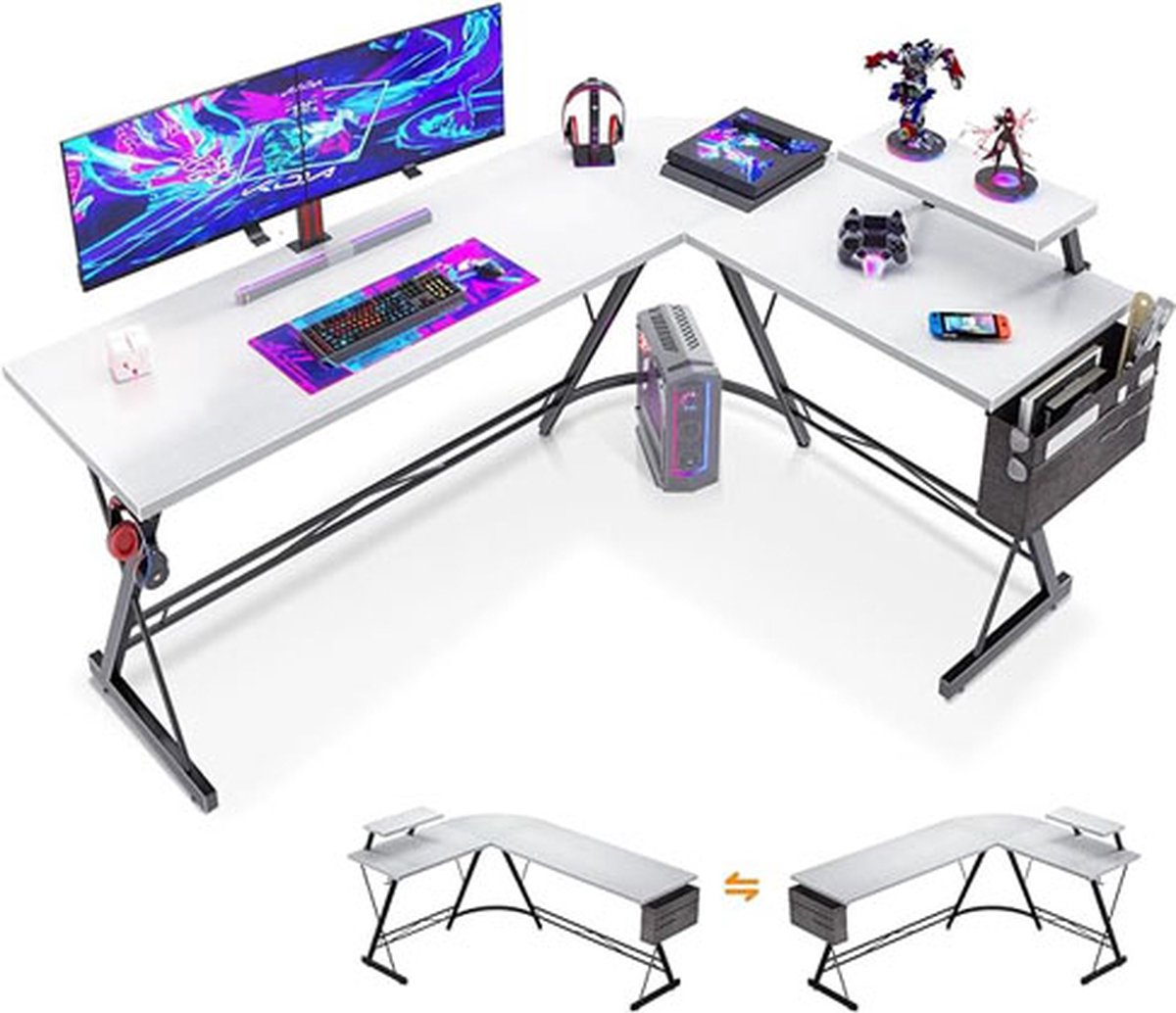 Gamingtafel in L-vorm met ronde hoek, wit, 167 x 120 cm. Hoekbureau met monitorplank, ideaal voor gaming