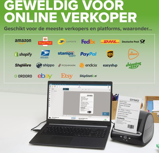Laptop naast DYMO LabelWriter 5XL printer, waarbij labelprinter een adreslabel print.