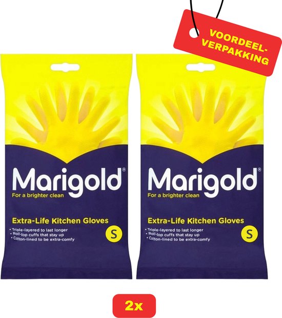 Voordeelverpakking met 2x Marigold Extra-Life keukenhandschoenen, maat S, in geel met blauwe opdruk. "Voor een helderdere reiniging".