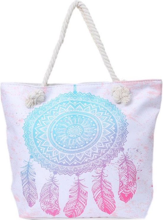 Un joyeux sac de plage avec un imprimé attrape-rêves (46x36x13cm) doublé et pouvant être fermé par une fermeture éclair à l'intérieur. C'est un véritable incontournable! Fini avec deux poignées en corde torsadée. Pour soi ou en cadeau.