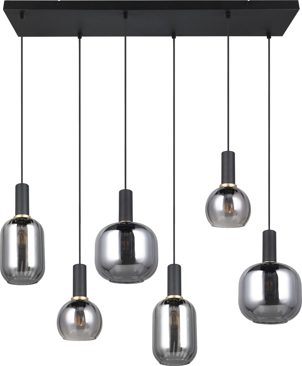 TRIO DIVA - Hanglamp - Zwart mat - Rookglas - excl. 6x E27 10 W - Plafondbevestiging - In hoogte verstelbaar